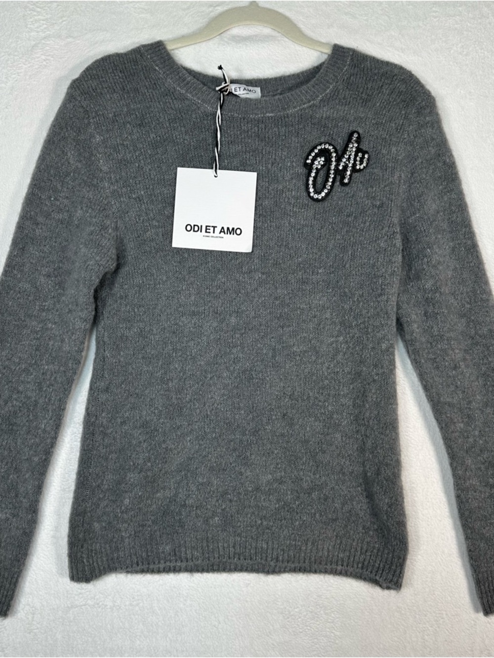 ODI ET AMO Italy Grey Fuzzy Knit Sweater Iconic Collection Rhinestone Patch Sz S